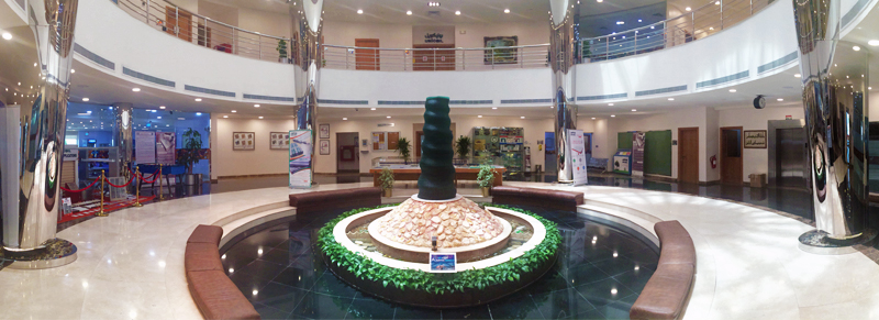 The fountain and aquarium that are the centerpieces of UNICOIL’S administration building